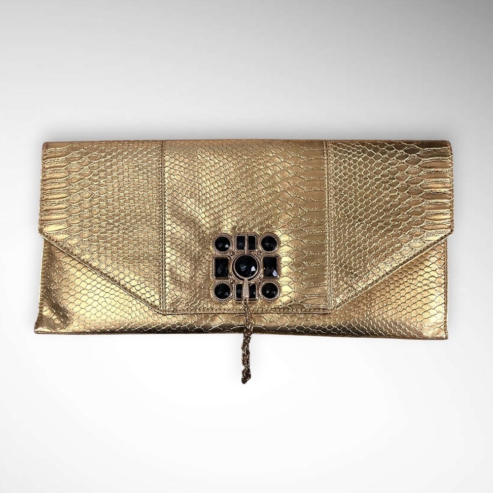 NILA ANTHONY Metallic Gold Large Clutch With Detachable Strap | EUC